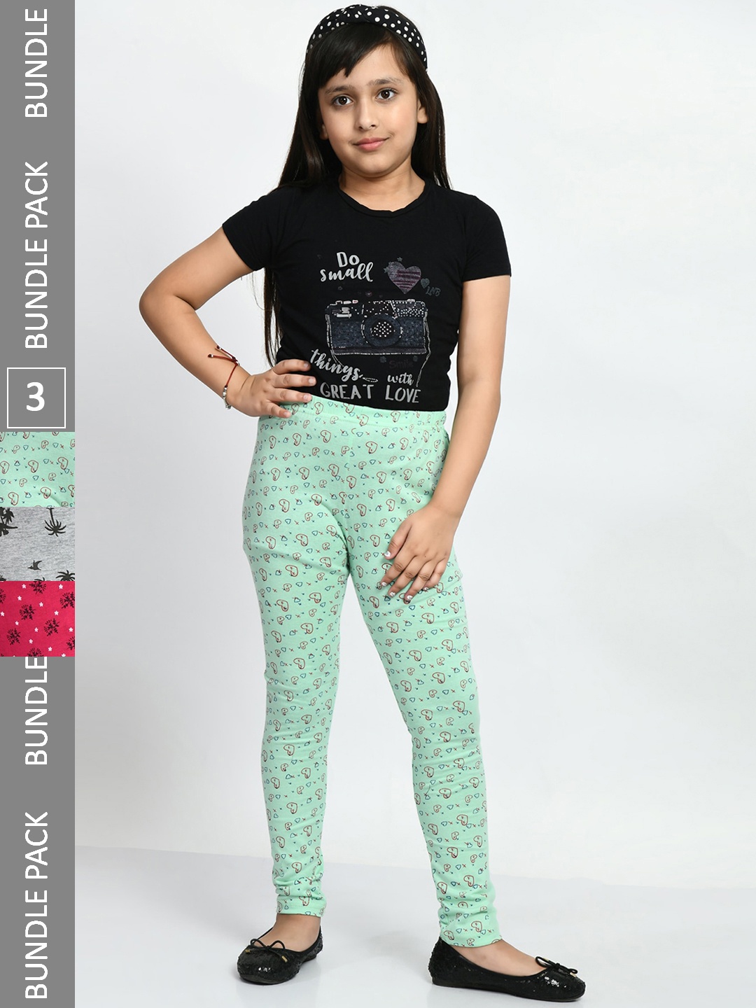 

BAESD Girls Pack Of 3 Printed Pure Cotton Churidar Length Leggings, Green
