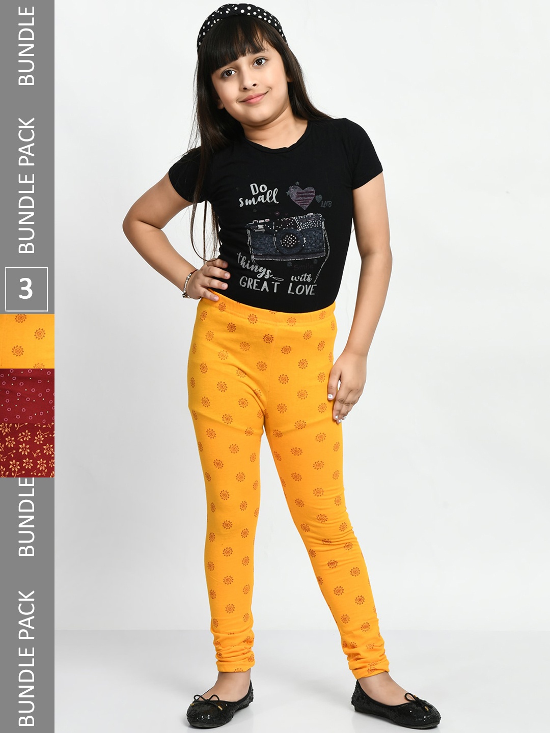 

BAESD Girls Pack Of 3 Printed Pure Cotton Churidar-Length Leggings, Yellow