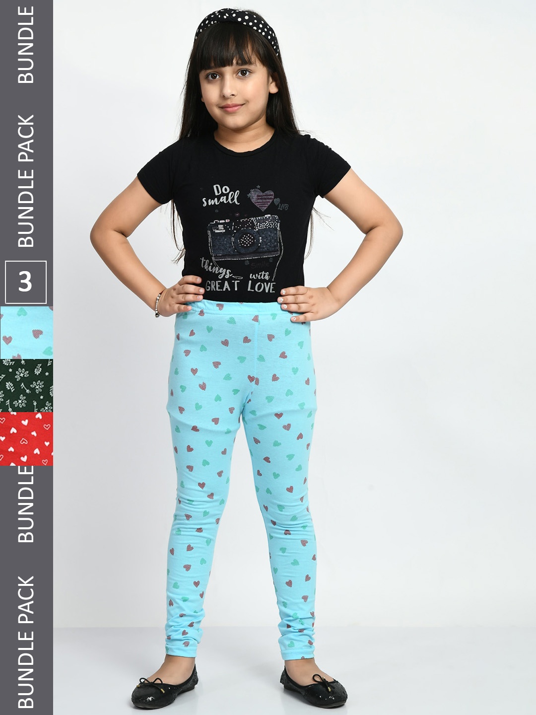 

BAESD Girls Pack Of 3 Printed Pure Cotton Churidar-Length Leggings, Blue