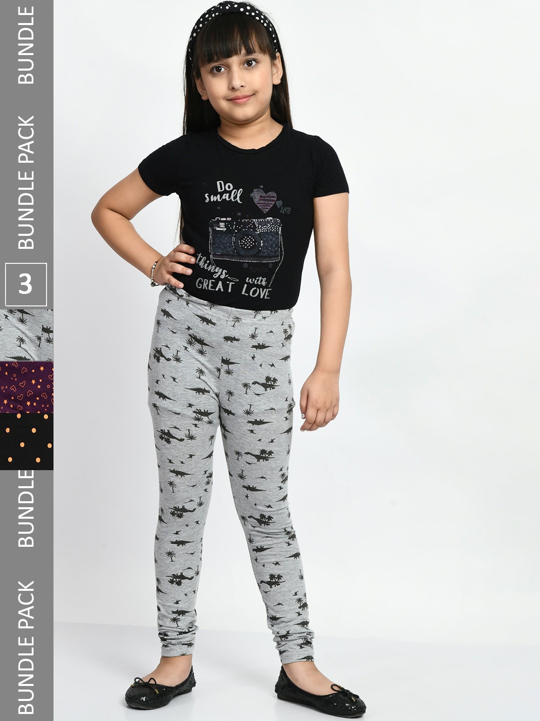 

BAESD Girls Pack Of 3 Printed Churidar Length Pure Cotton Leggings, Grey