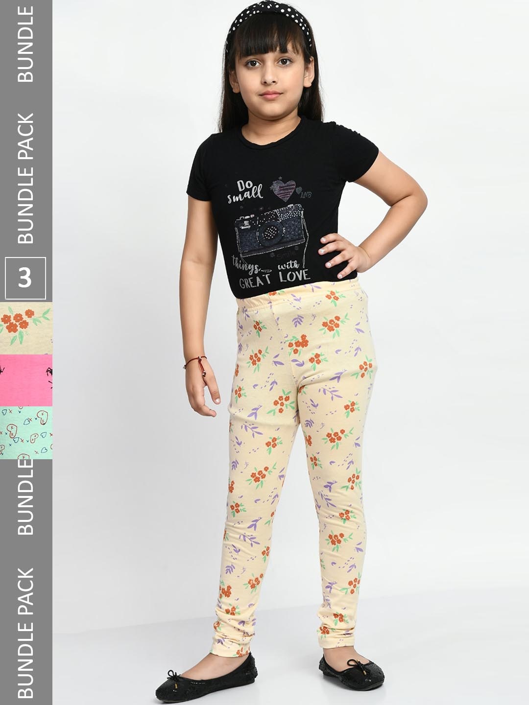 

BAESD Girls Pack of 3 Printed Super Soft Pure Cotton Churidar- Length Leggings, Cream