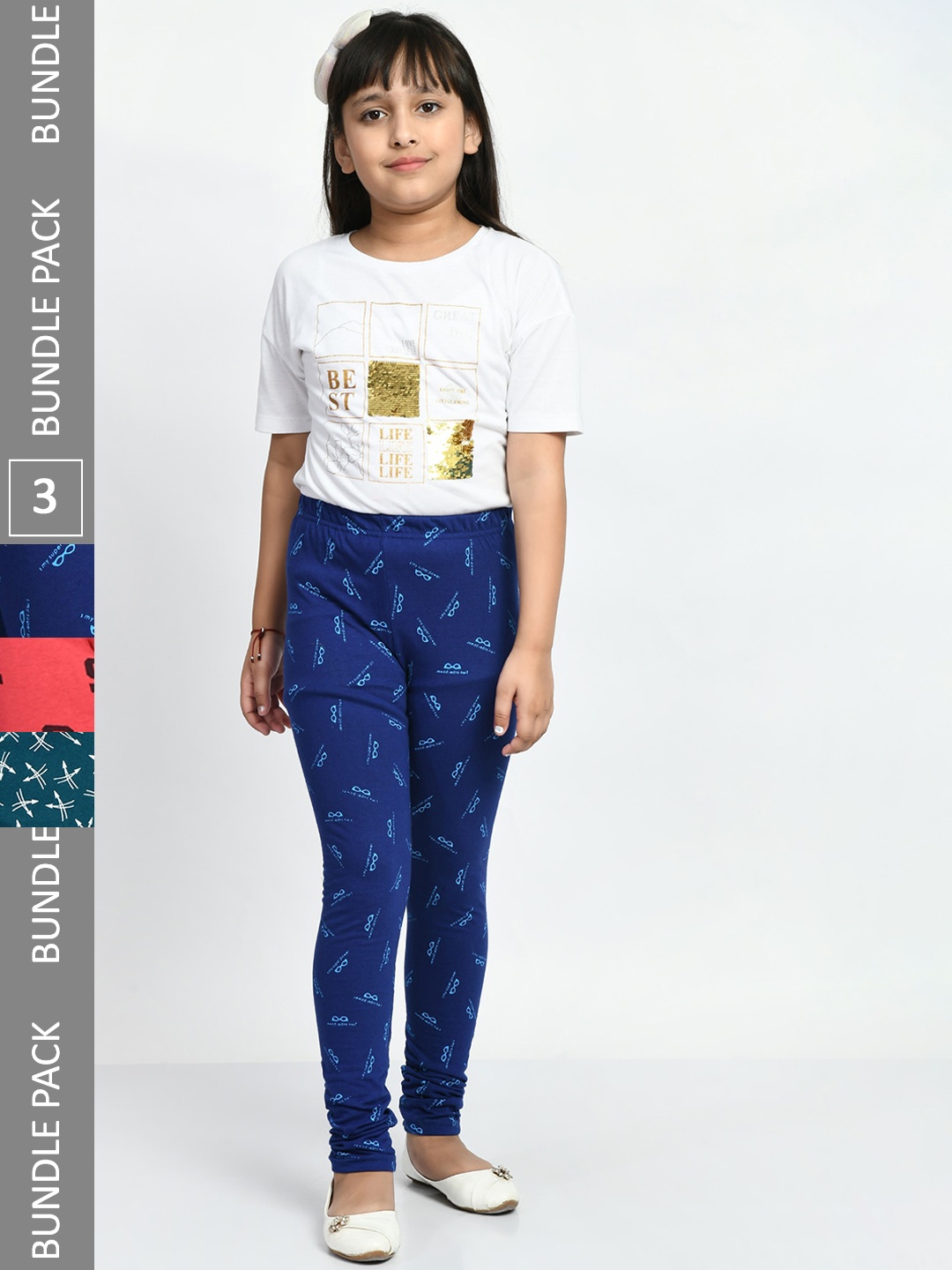 

BAESD Girls Pack Of 3 Printed Cotton Churidar-Length Leggings, Multi