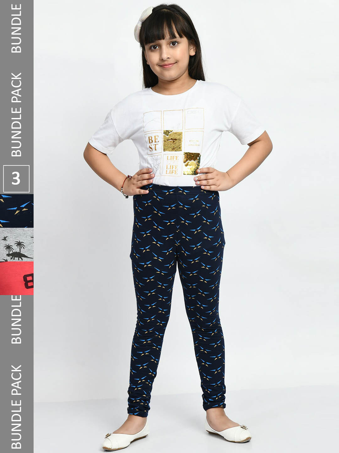

BAESD Girls Pack of 3 Printed Super Soft Pure Cotton Churidar- Length Leggings, Navy blue