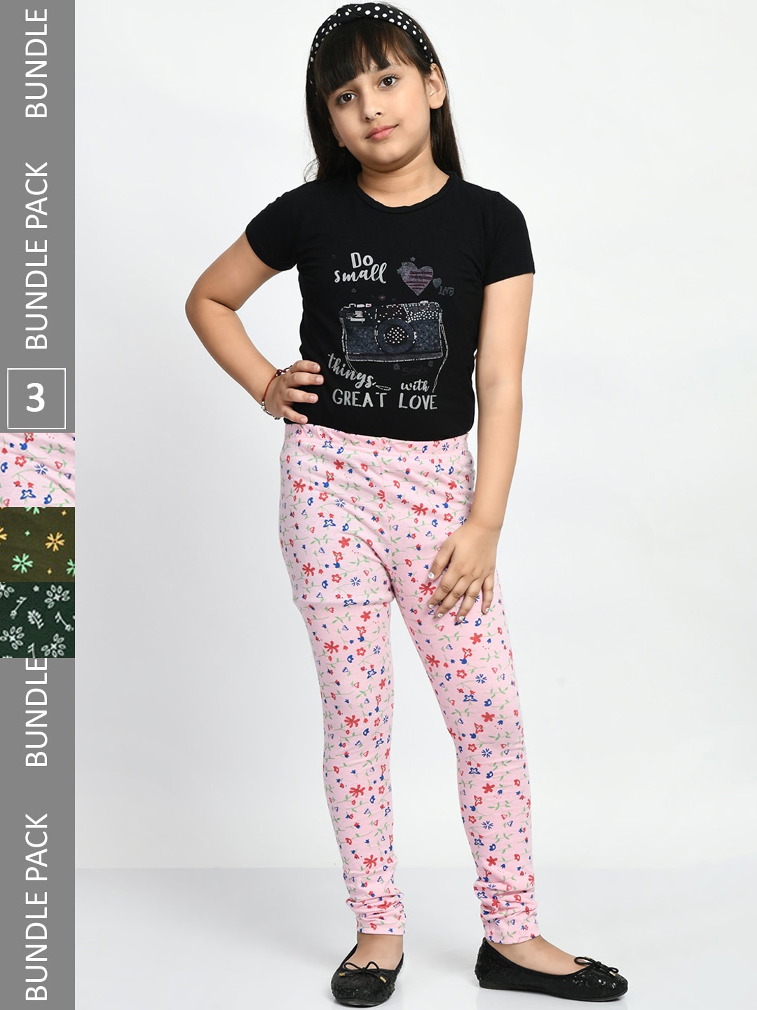 

BAESD Girls Pack Of 3 Printed Pure Cotton Churidar Length Leggings, Pink