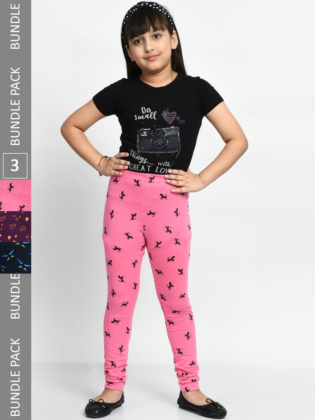 

BAESD Girls Pack Of 3 Printed Churidar Length Pure Cotton Leggings, Pink