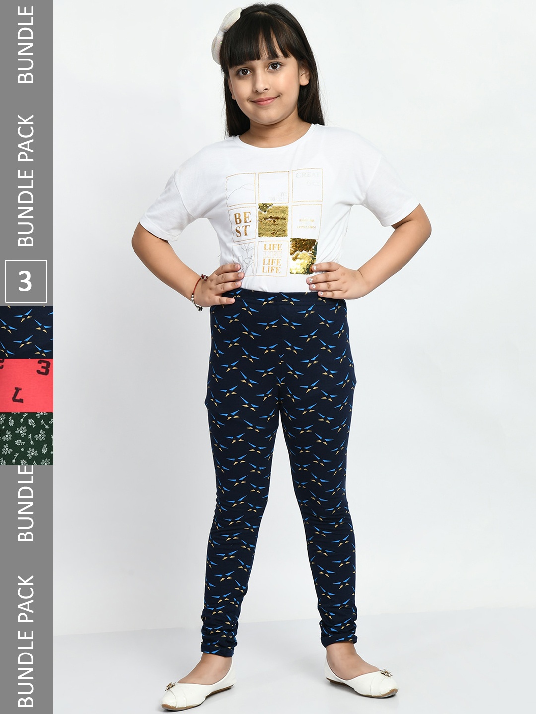 

BAESD Girls Pack Of 3 Printed Cotton Churidar-Length Leggings, Navy blue