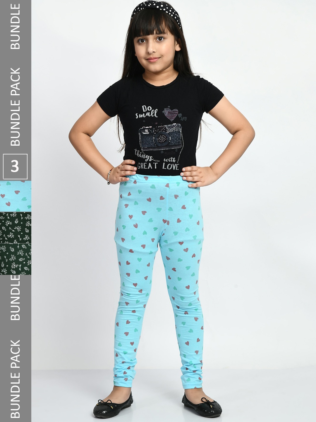 

BAESD Girls Pack of 3 Printed Super Soft Pure Cotton Churidar- Length Leggings, Blue