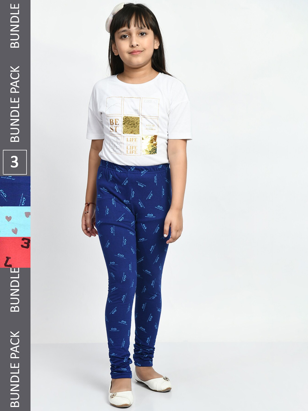 

BAESD Girls Pack Of 3 Printed Super Soft Pure Cotton Churidar-Length Leggings, Blue