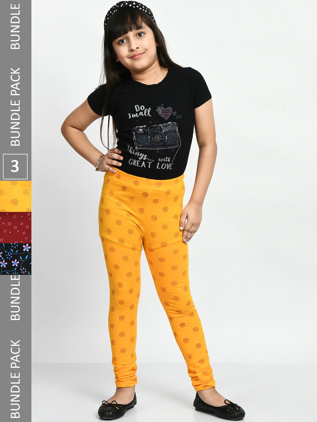 

BAESD Girls Pack Of 3 Printed Pure Cotton Super Soft Churidar-Length Leggings, Yellow