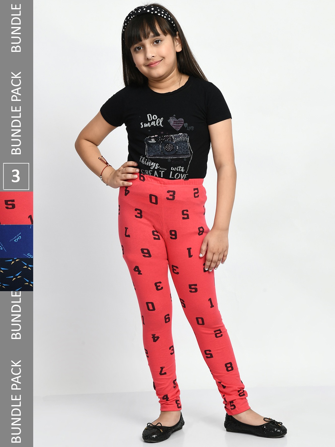 

BAESD Girls Pack of 3 Printed Pure Cotton Leggings, Navy blue