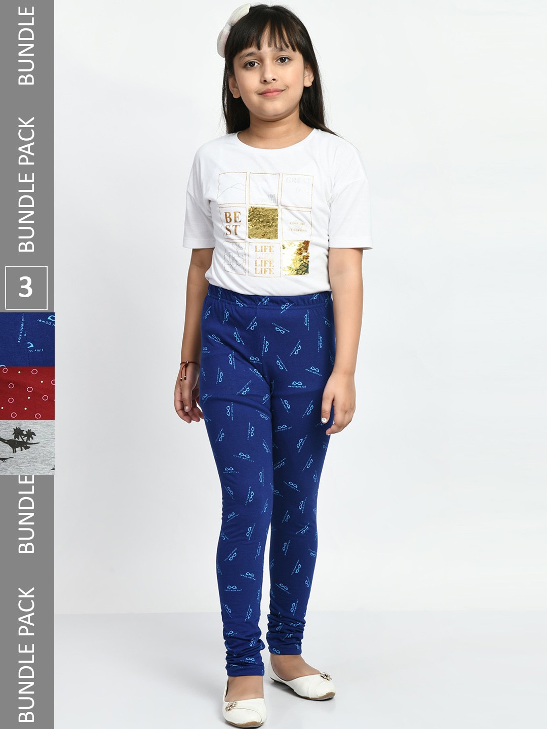 

BAESD Girls Pack Of 3 Allover Printed Super Soft Pure Cotton Churidar-Length Leggings, Blue