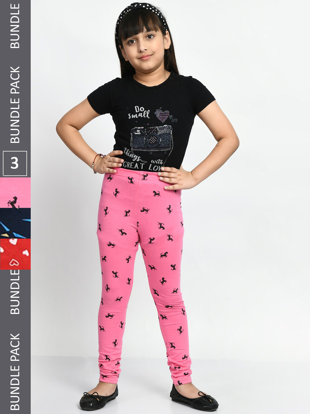 

BAESD Girls Pack of 3 Printed Super Soft Pure Cotton Churidar- Length Leggings, Pink