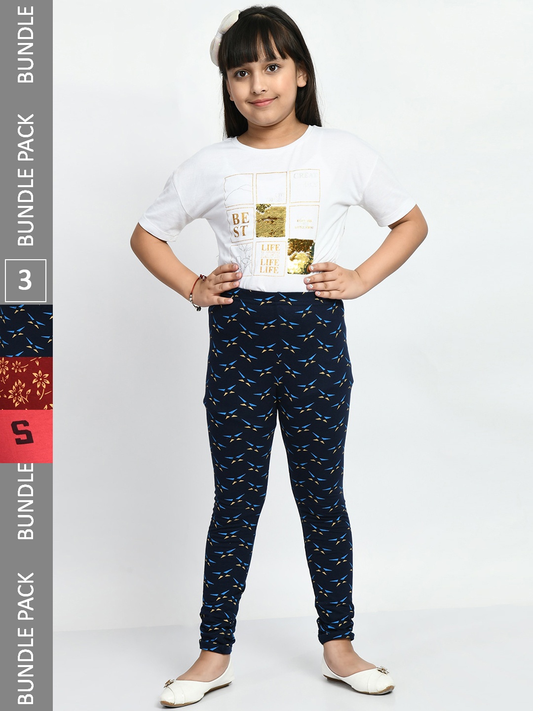 

BAESD Girls Pack Of 3 Printed Cotton Churidar-Length Leggings, Red
