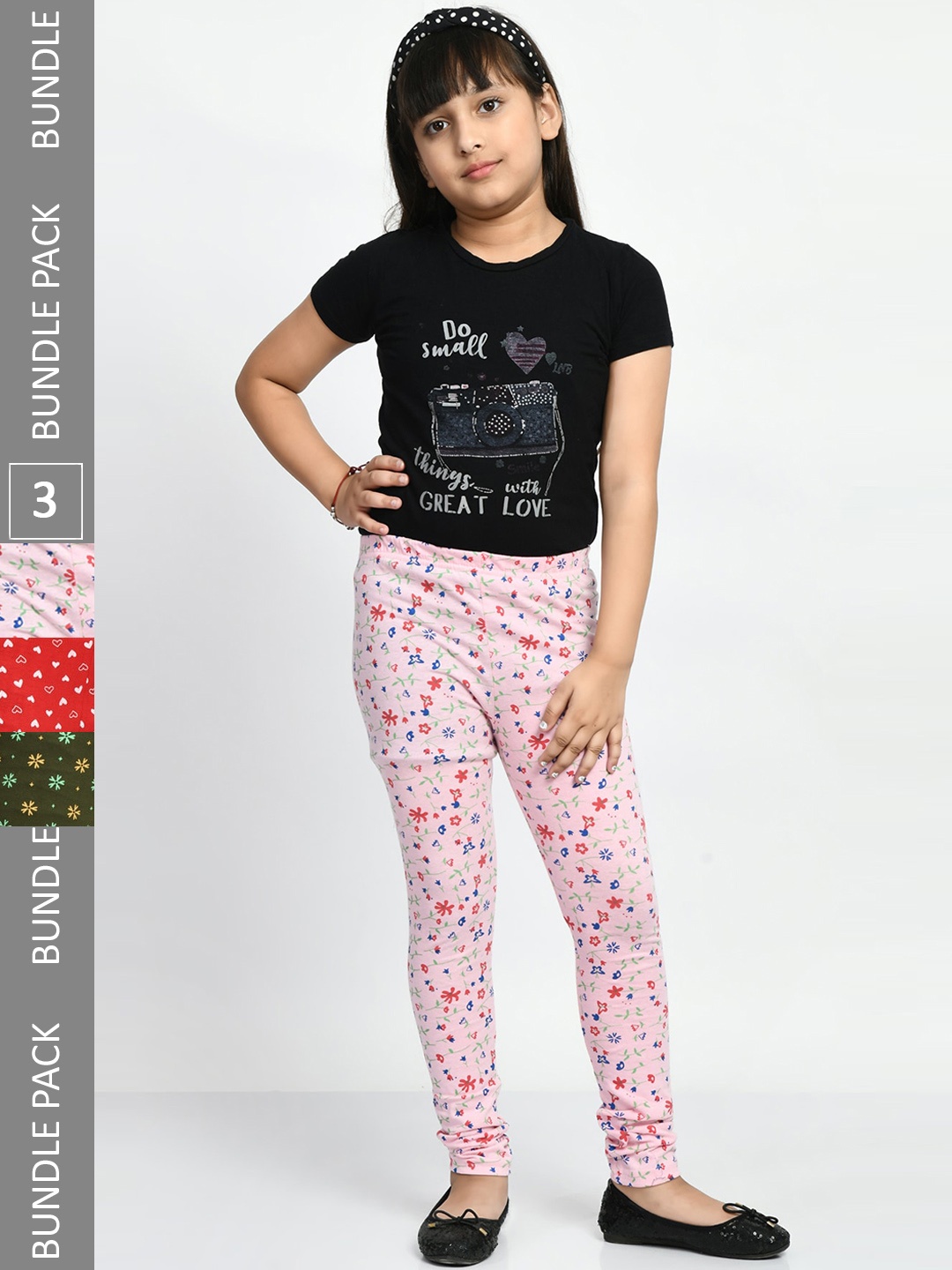 

BAESD Girls Pack Of 3 Allover Printed Pure Cotton Super Soft Churidar-Length Leggings, Pink