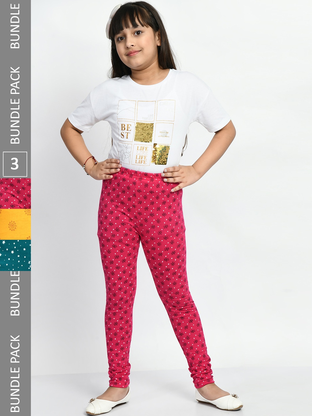 

BAESD Girls Pack Of 3 Printed Cotton Churidar-Length Leggings, Pink