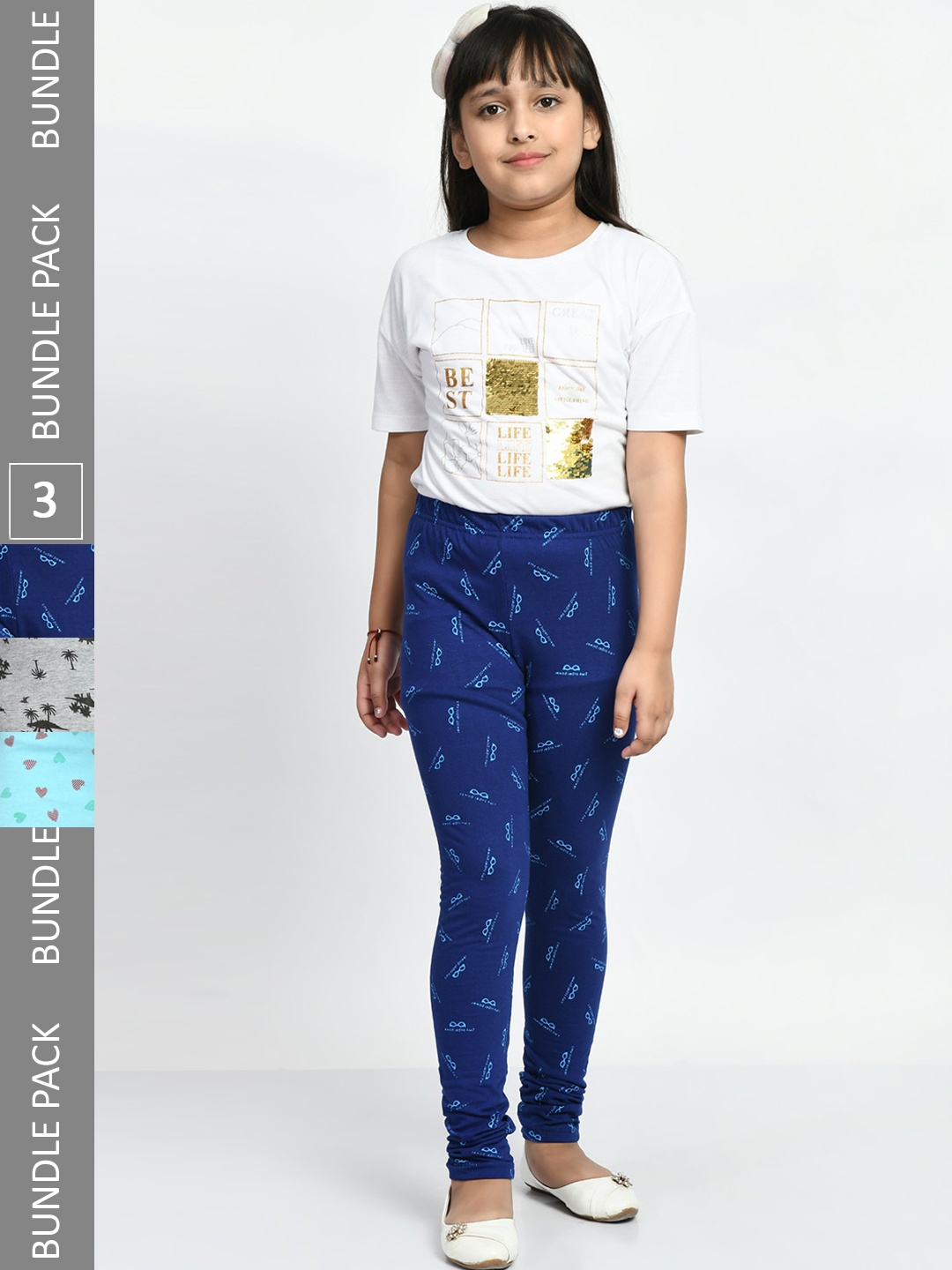 

BAESD Girls Pack Of 3 Allover Printed Super Soft Pure Cotton Churidar-Length Leggings, Blue