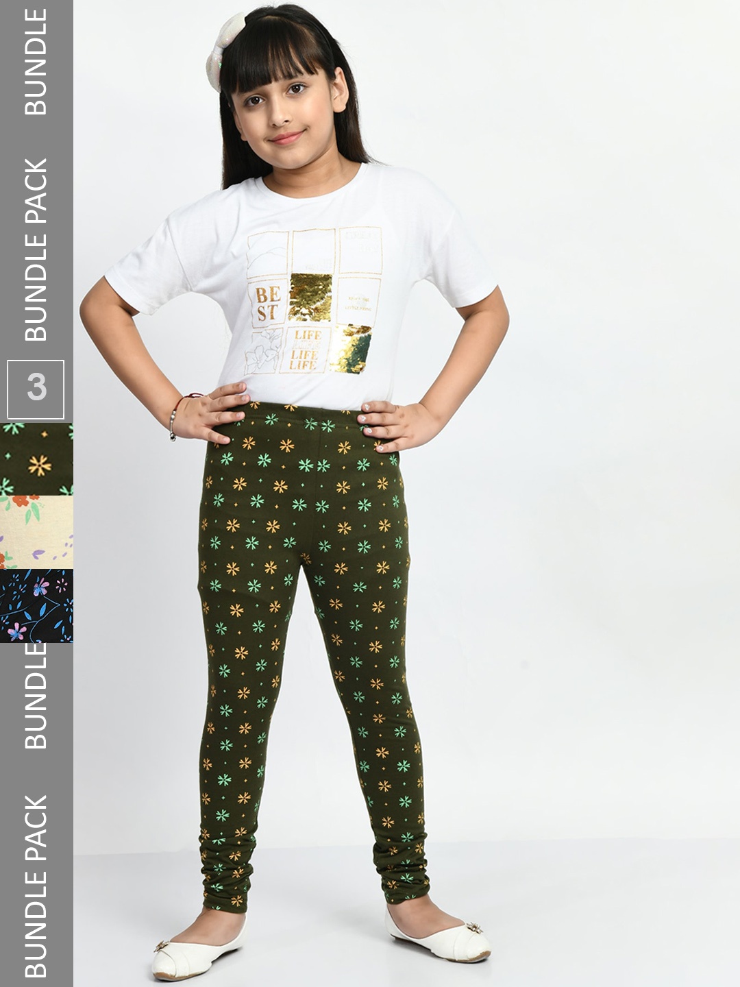 

BAESD Girls Pack Of 3 Printed Pure Cotton Churidar-Length Leggings, Multi