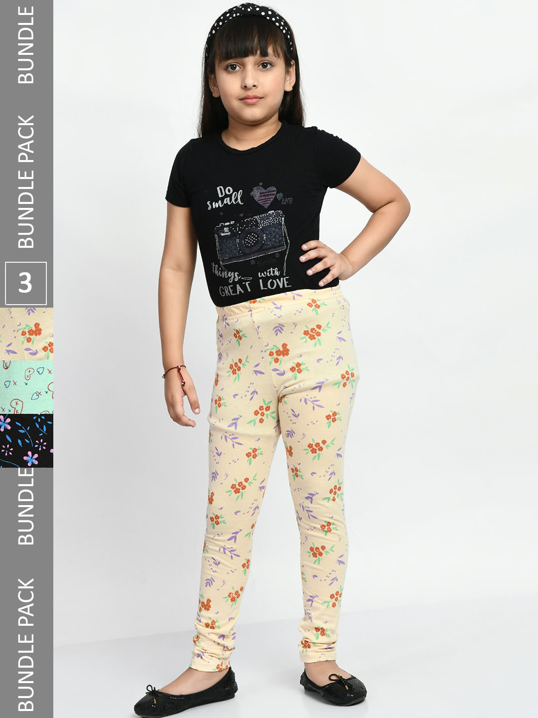 

BAESD Girls Pack Of 3 Allover Printed Pure Cotton Super Soft Churidar-Length Leggings, Green