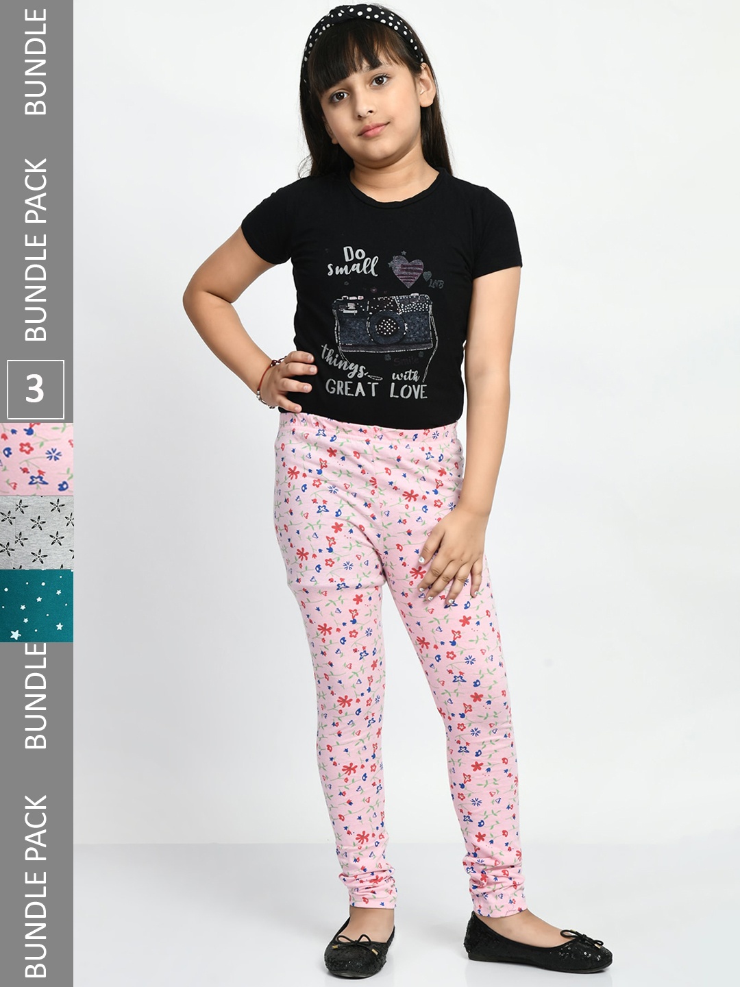 

BAESD Girls Pack Of 3 Printed Super Soft Pure Cotton Churidar-Length Leggings, Grey
