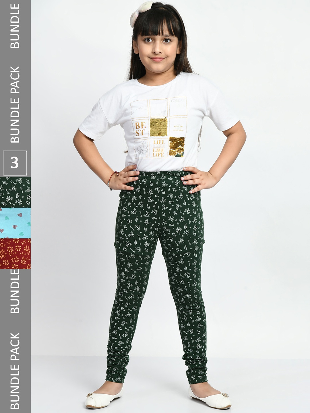 

BAESD Girls Pack Of 3 Printed Super Soft Pure Cotton Churidar-Length Leggings, Blue