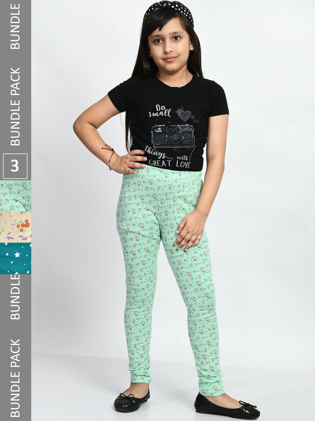 

BAESD Girls Pack Of 3 Printed Churidar Length Pure Cotton Leggings, Green