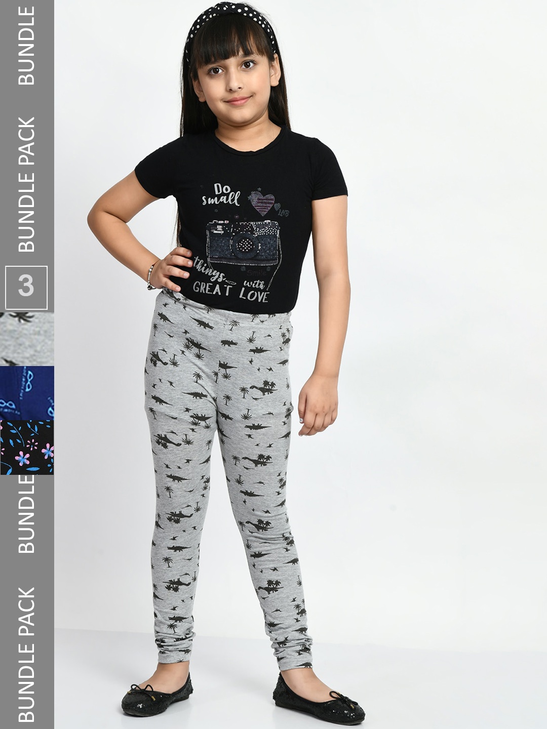 

BAESD Girls Pack Of 3 Printed Pure Cotton Churidar Length Leggings, Black