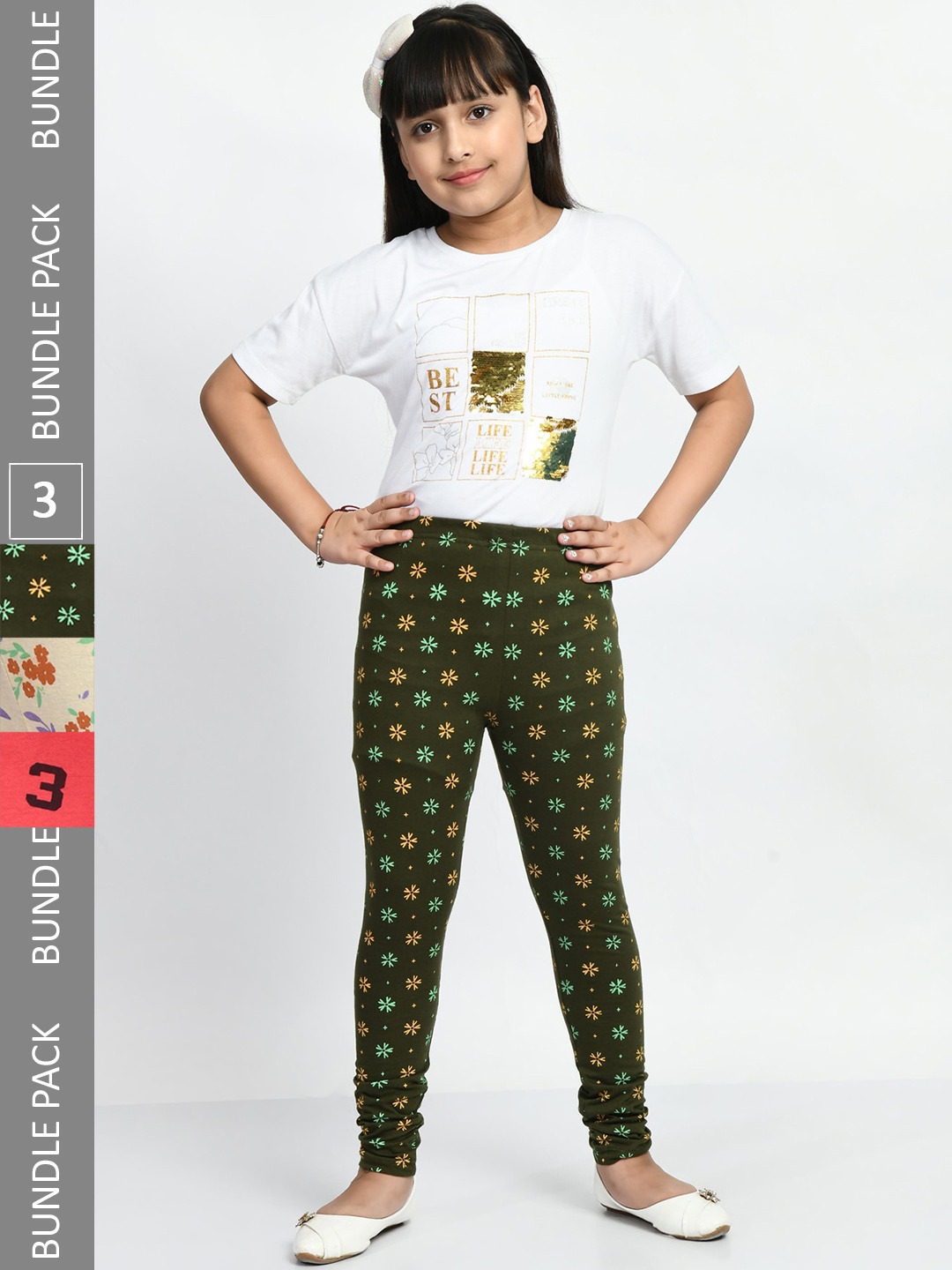 

BAESD Girls Pack Of 3 Printed Pure Cotton Super Soft Churidar-Length Leggings, Peach