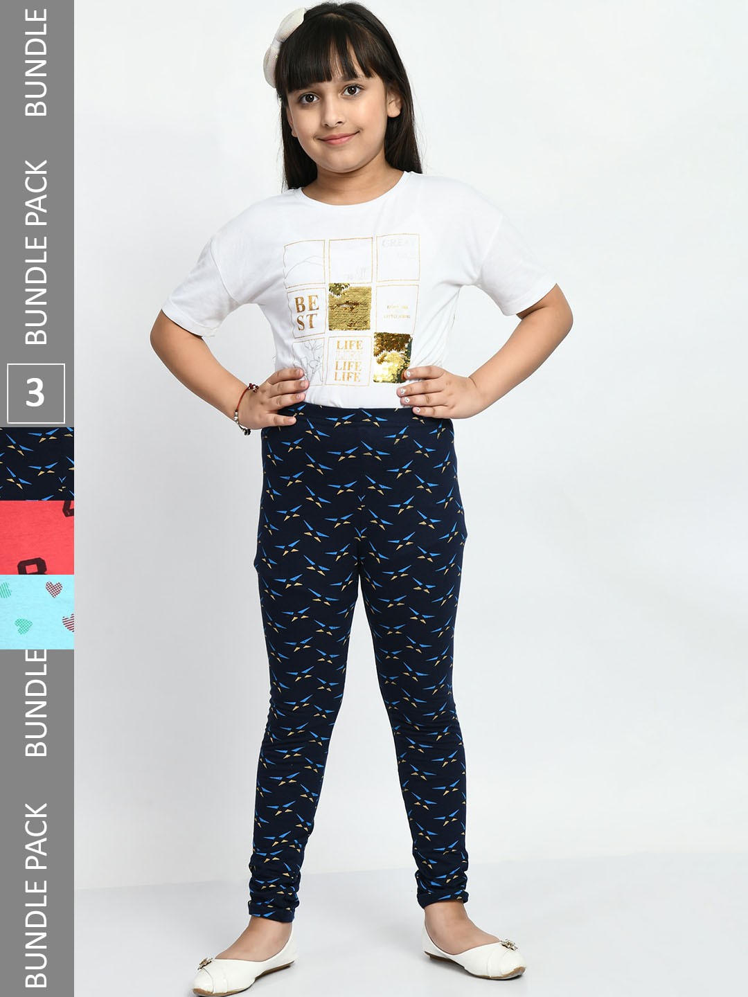 

BAESD Girls Pack Of 3 Printed Pure Cotton Churidar-Length Leggings, Blue