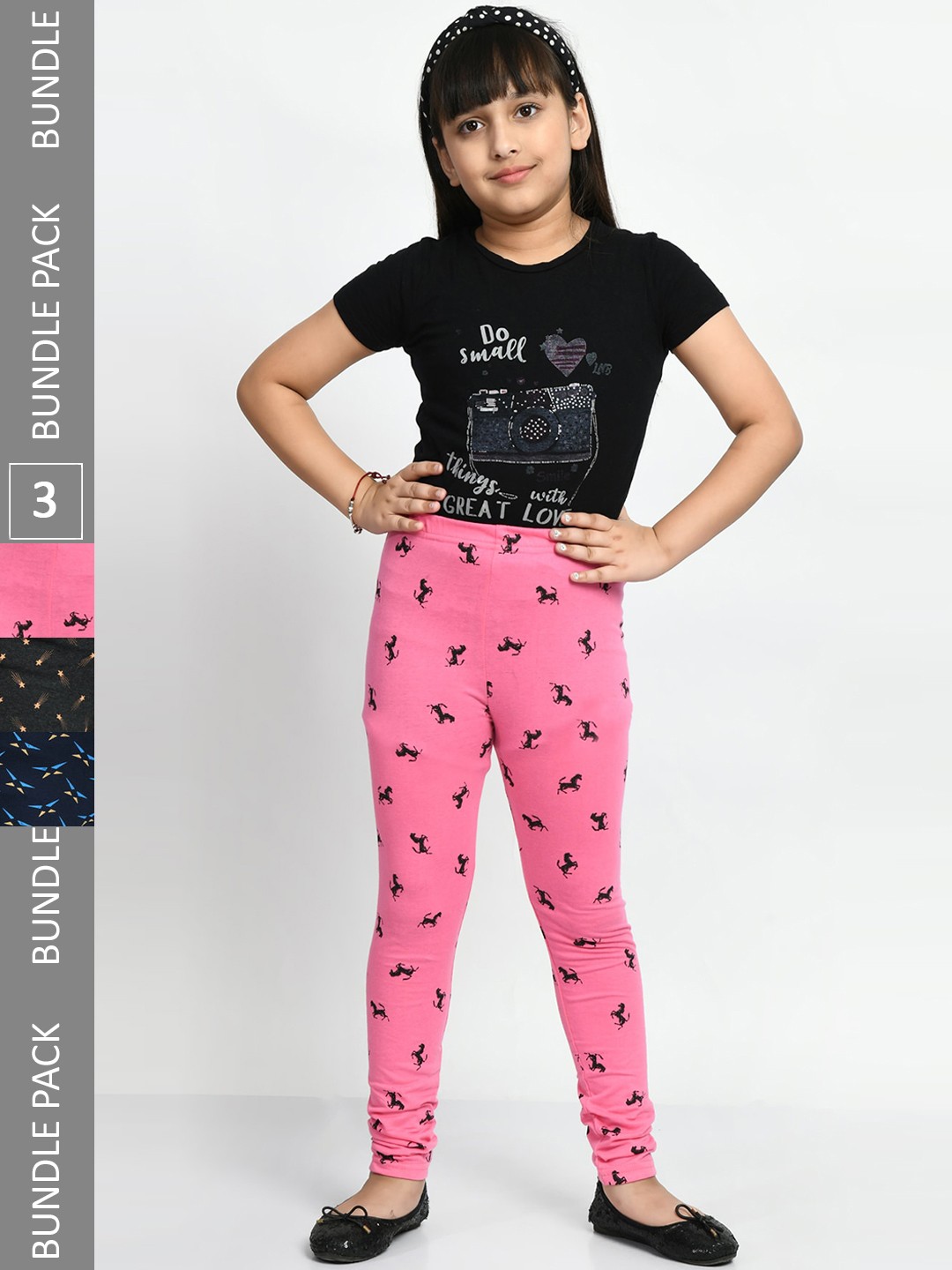 

BAESD Girls Pack Of 3 Printed Super Soft Pure Cotton Churidar-Length Leggings, Black