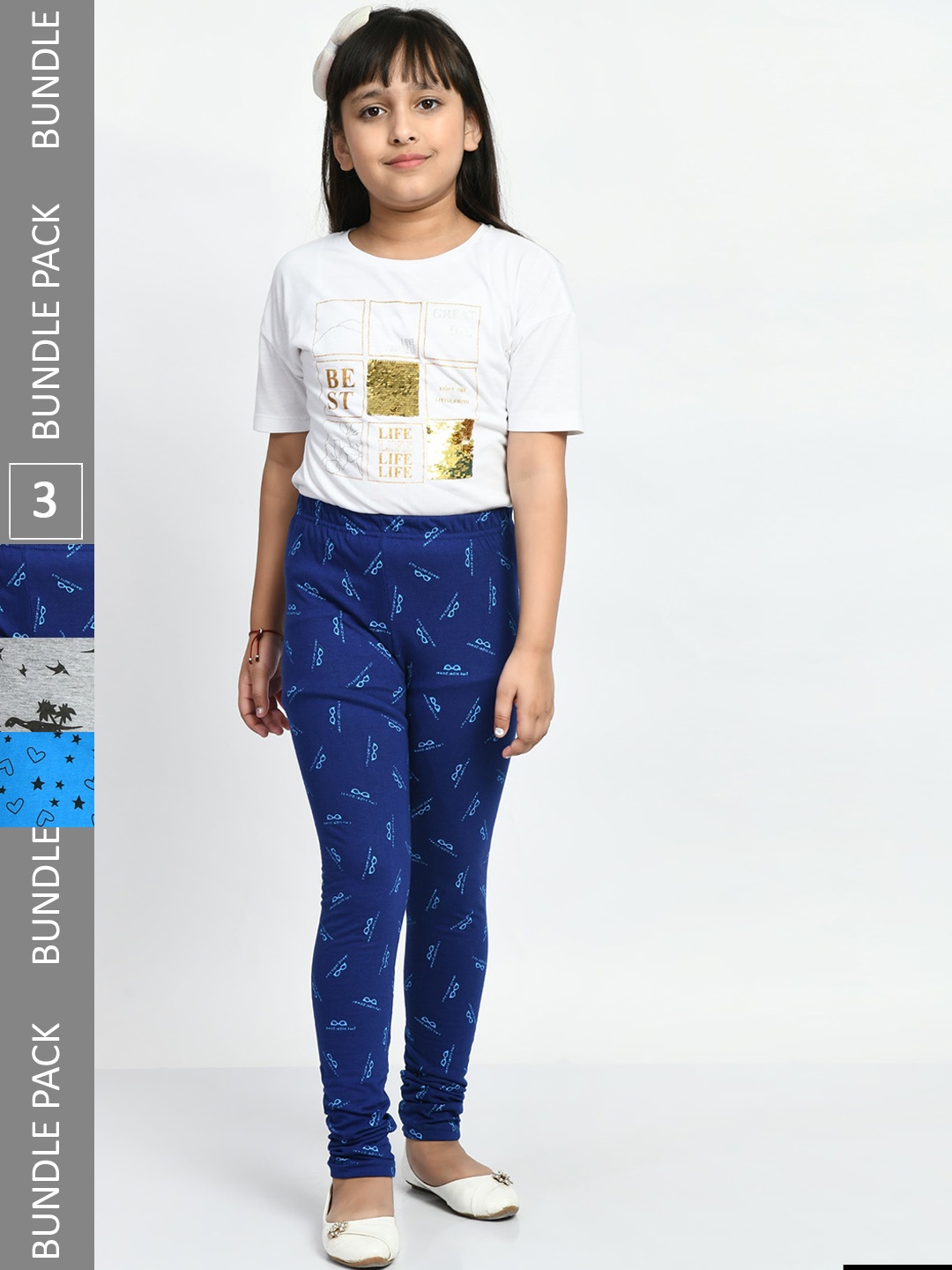 

BAESD Girls Pack Of 3 Conversational Printed Pure Cotton Churidar-Length Leggings, Blue