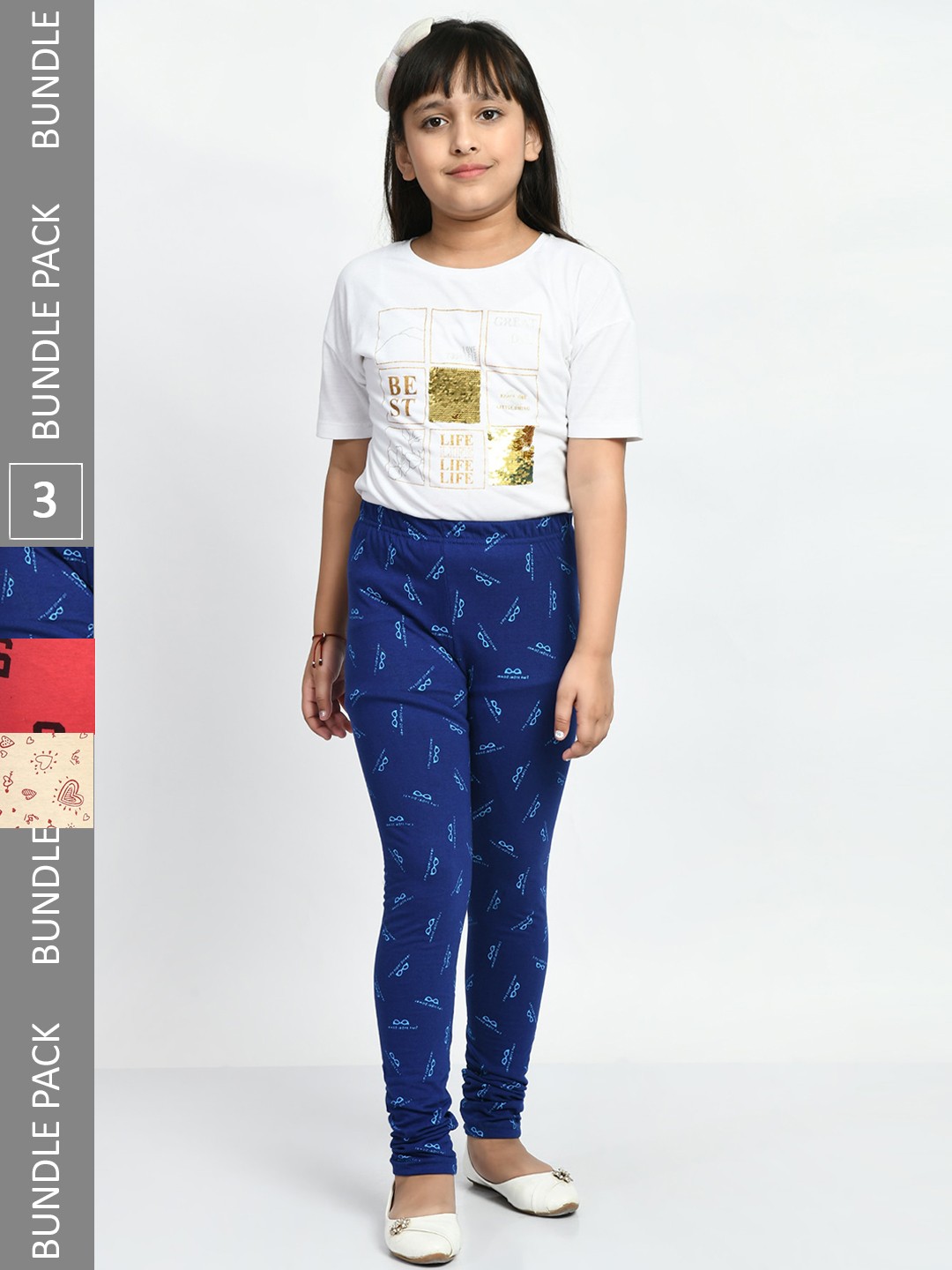 

BAESD Girls Pack Of 3 Printed Pure Cotton Churidar-Length Leggings, Blue