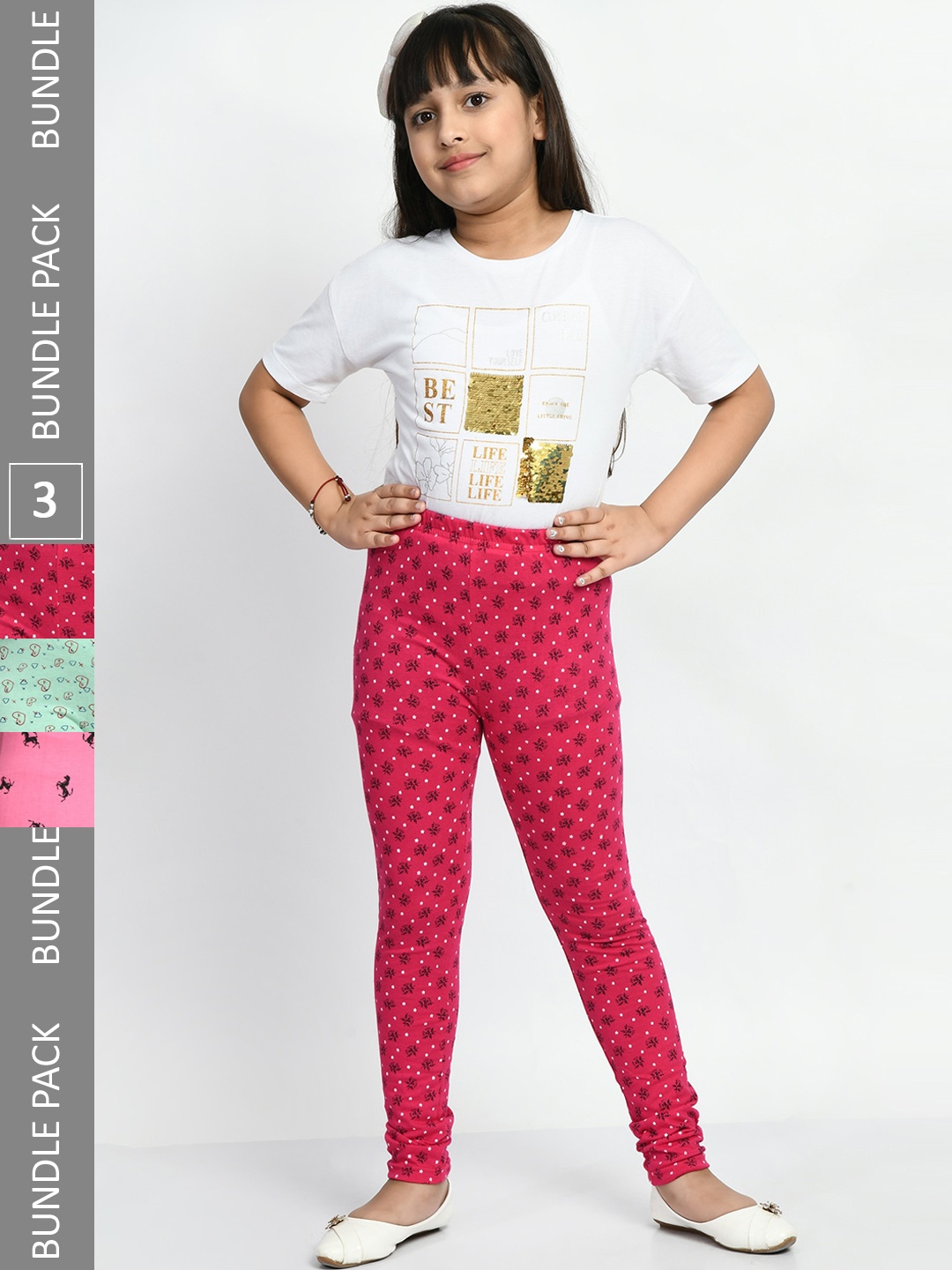 

BAESD Girls Pack Of 3 Printed Pure Cotton Super Soft Churidar-Length Leggings, Pink