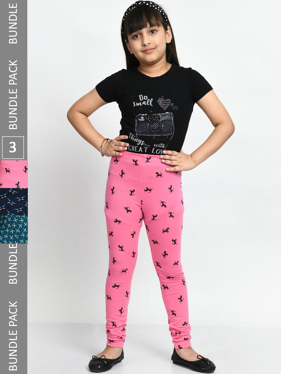 

BAESD Girls Pack Of 3 Printed Cotton Churidar-Length Leggings, Pink