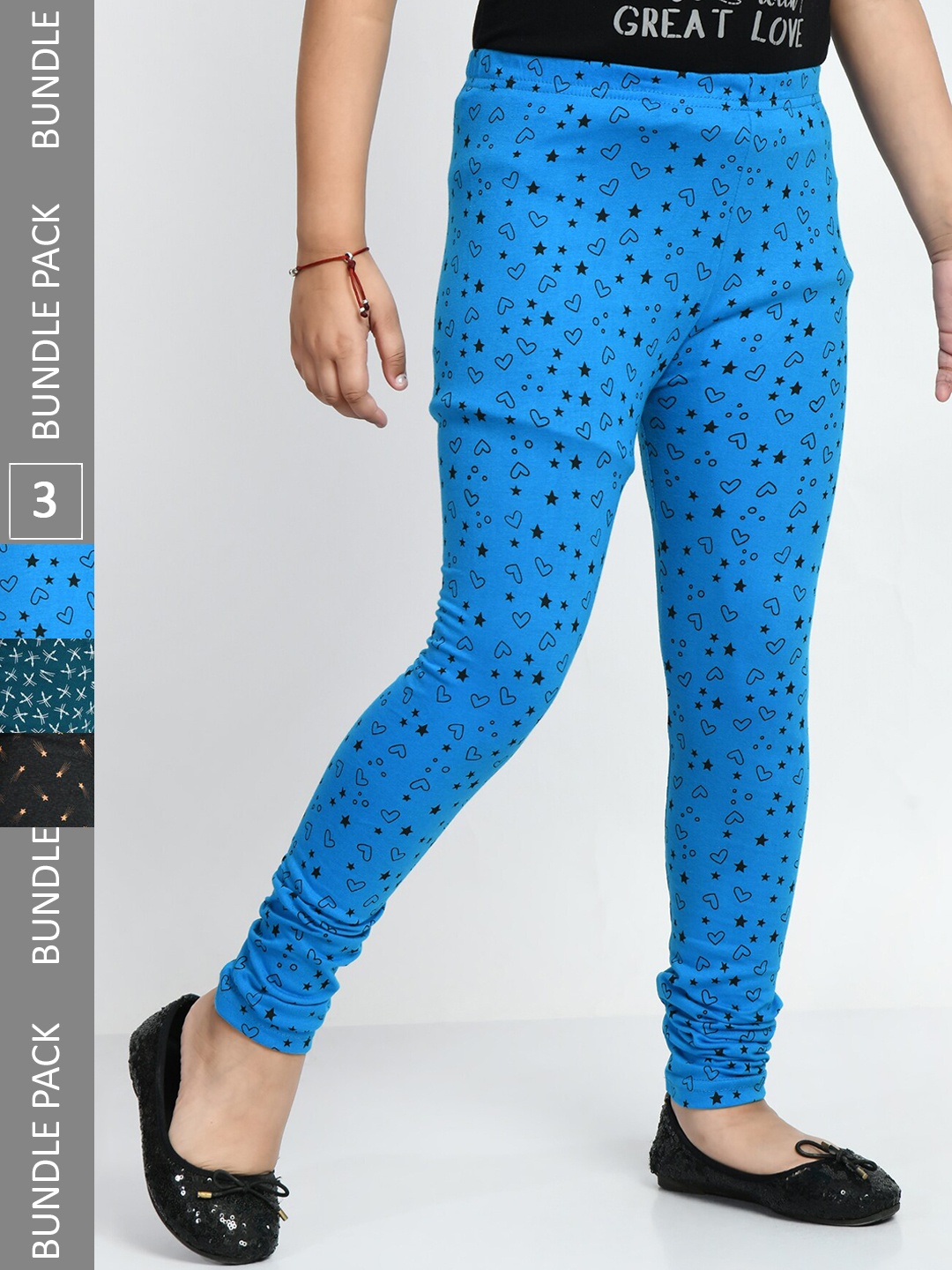 

BAESD Girls Pack Of 3 Printed Pure Cotton Churidar-Length Leggings, Blue