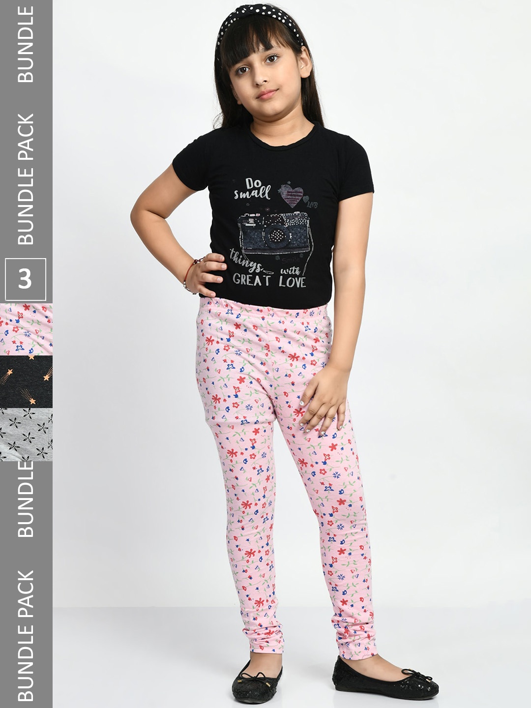 

BAESD Girls Pack Of 3 Printed Pure Cotton Churidar-Length Leggings, Pink