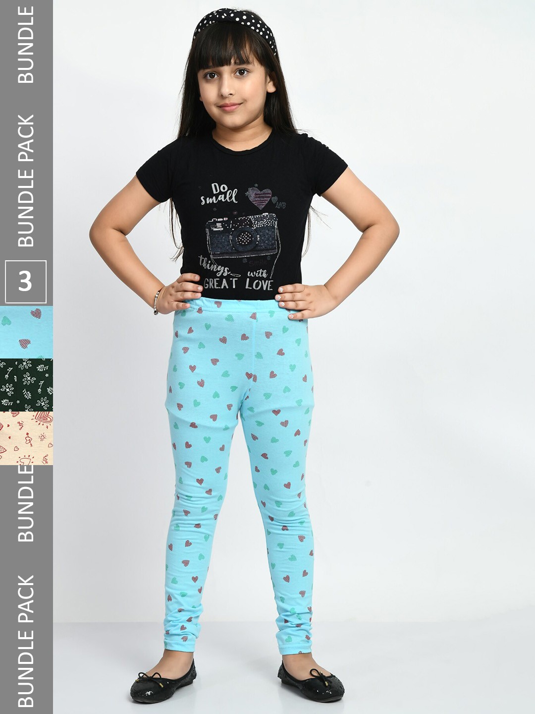 

BAESD Girls Pack Of 3 Printed Churidar Length Pure Cotton Leggings, Cream