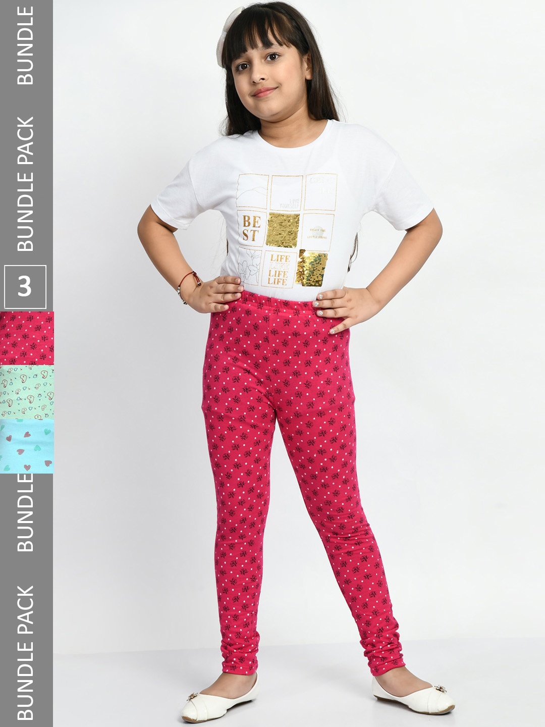 

BAESD Girls Pack Of 3 Printed Cotton Churidar-Length Leggings, Pink
