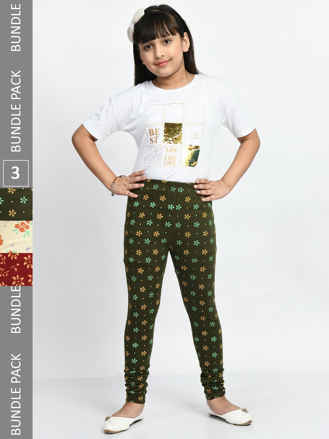 

BAESD Girls Pack Of 3 Printed Pure Cotton Churidar-Length Leggings, Maroon