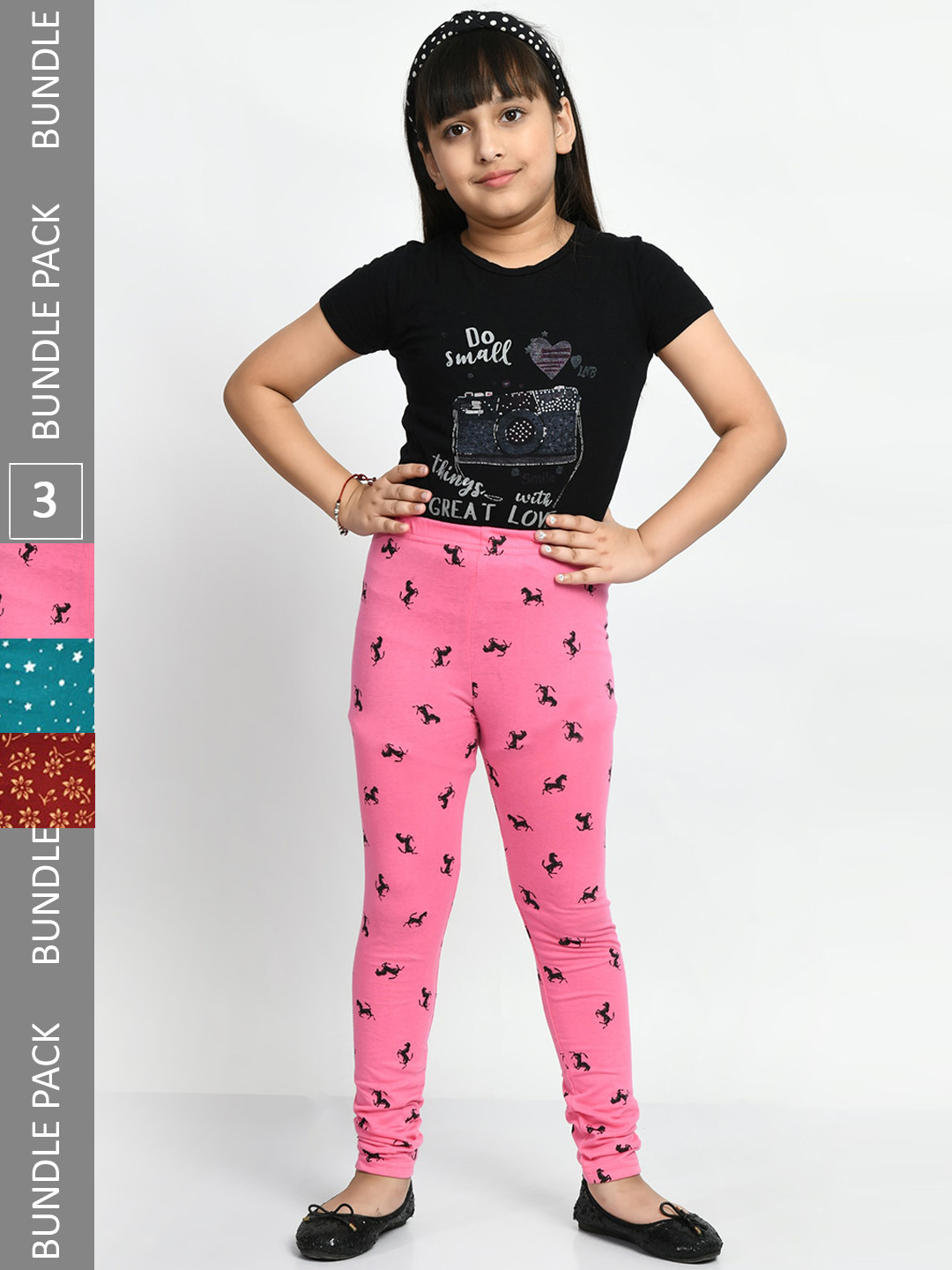 

BAESD Girls Pack Of 3 Printed Super Soft Cotton Churidar-Length Leggings, Pink