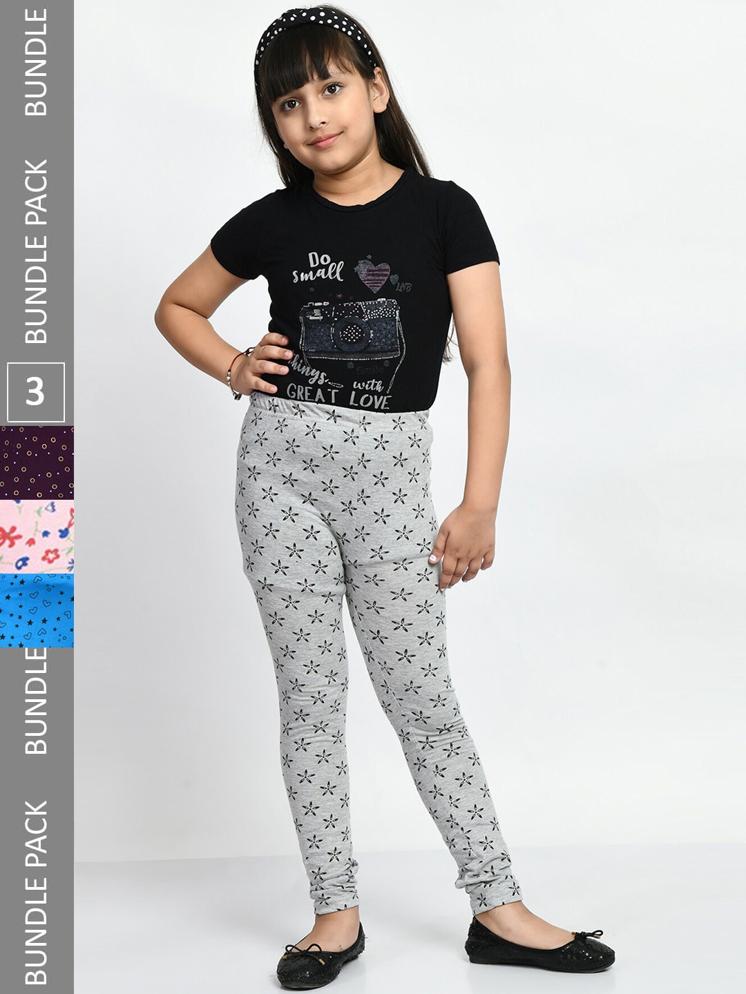 

BAESD Girls Pack Of 3 Printed Pure Cotton Super Soft Churidar-Length Leggings, Grey
