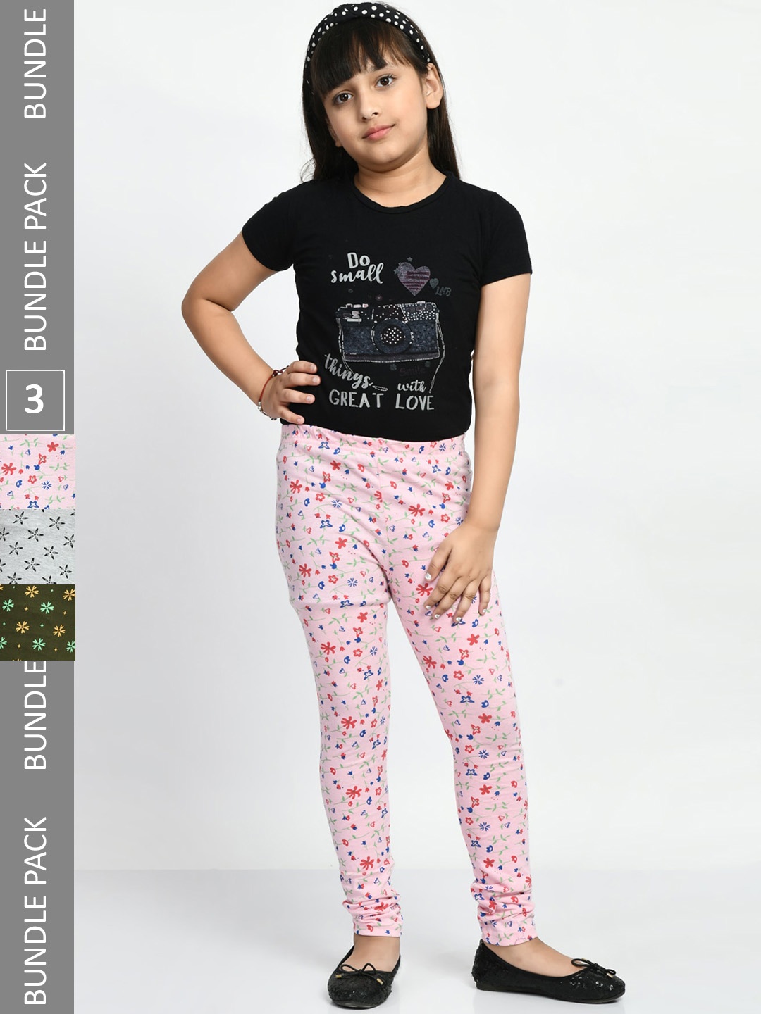 

BAESD Girls Pack Of 3 Printed Pure Cotton Super Soft Churidar-Length Leggings, Grey