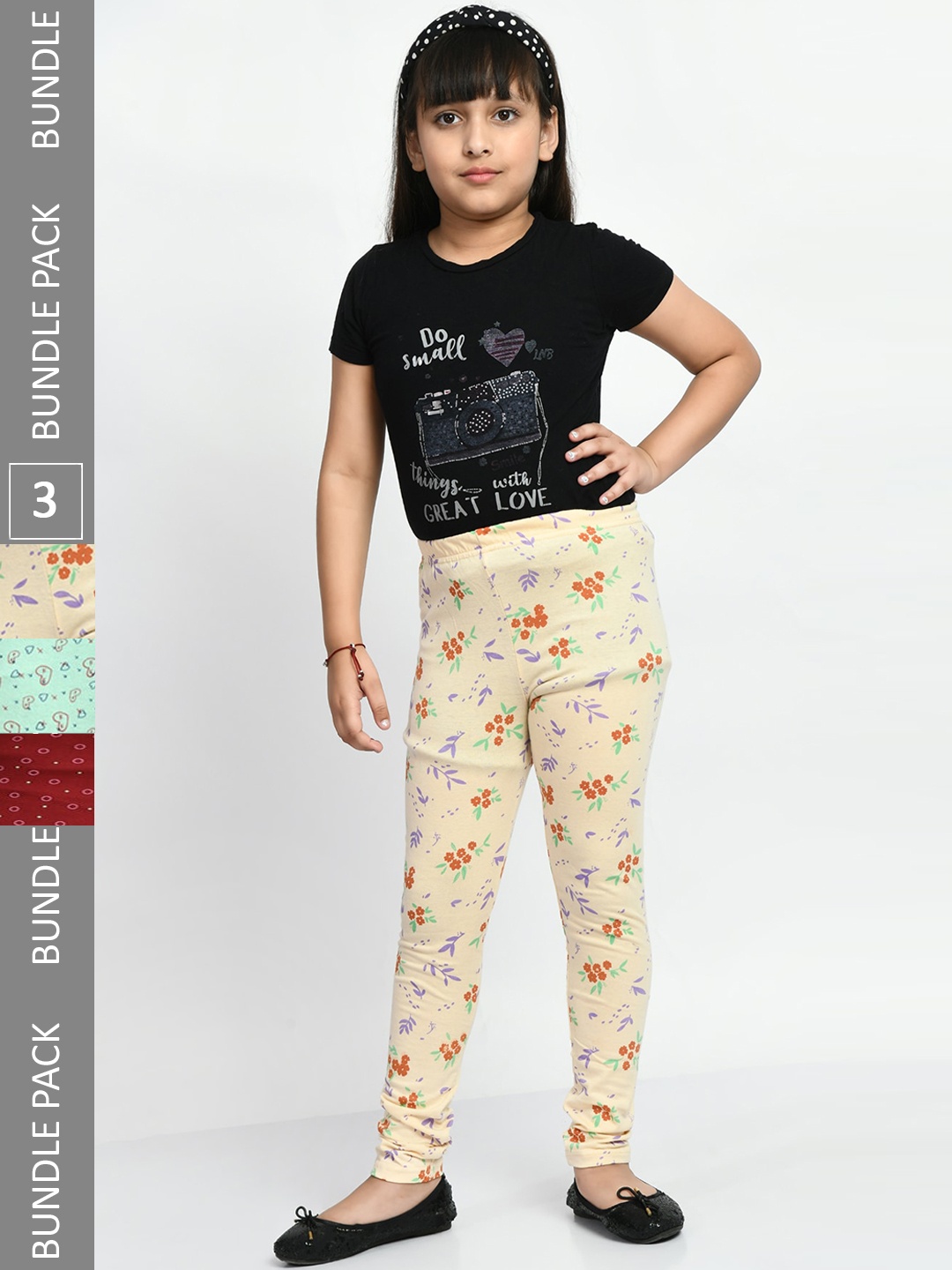 

BAESD Girls Pack Of 3 Printed Cotton Churidar-Length Leggings, Cream