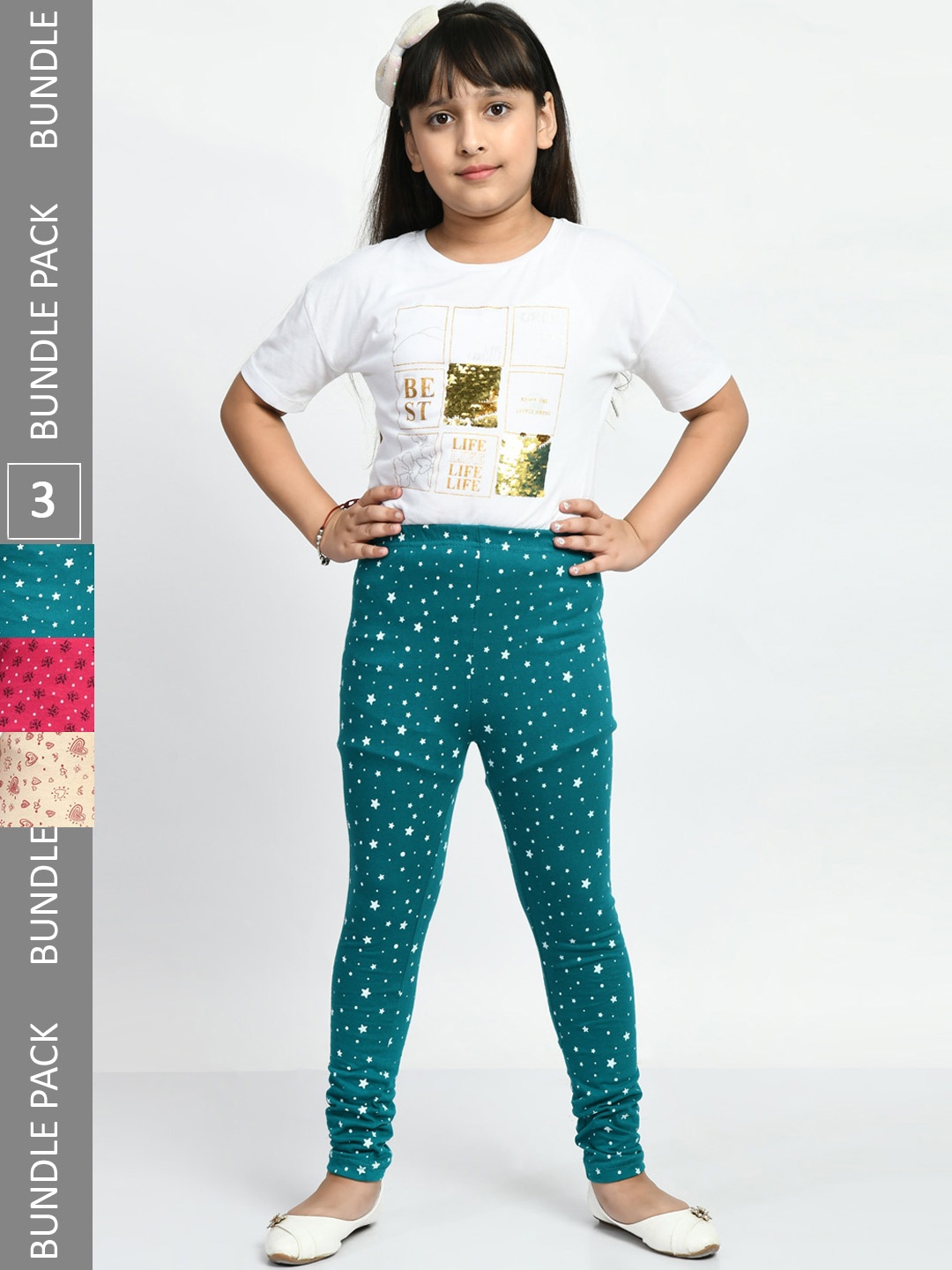 

BAESD Girls Pack Of 3 Printed Pure Cotton Super Soft Churidar-Length Leggings, Beige