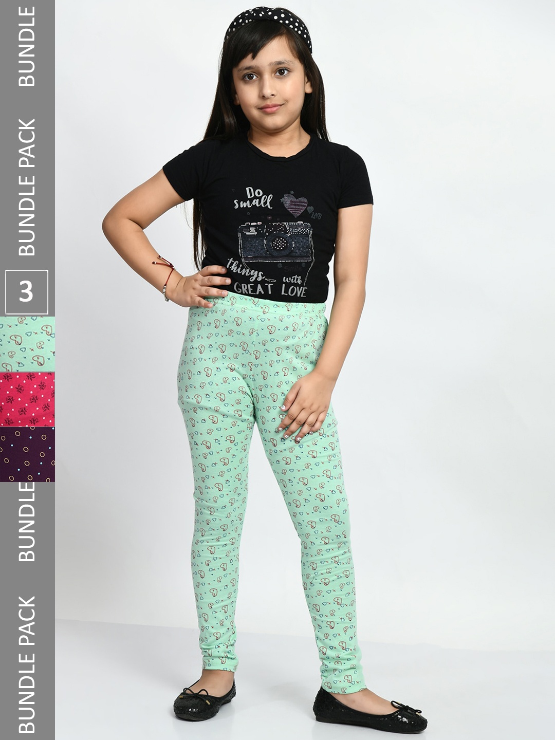 

BAESD Girls Pack Of 3 Printed Churidar Length Pure Cotton Leggings, Green
