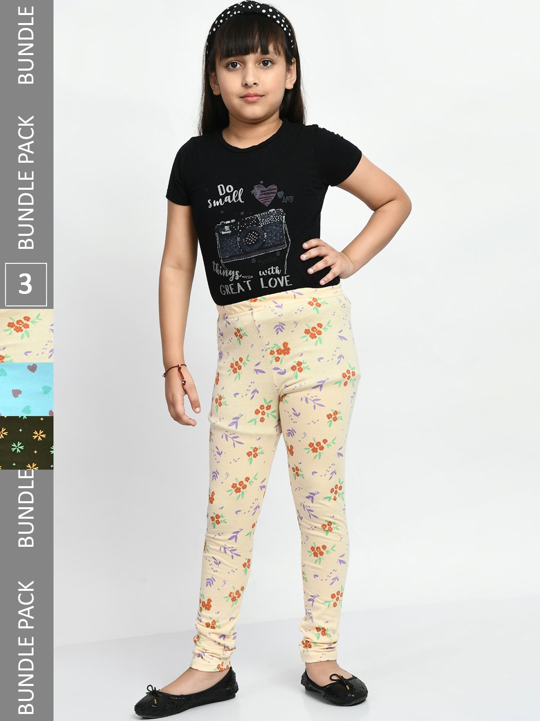 

BAESD Girls Pack Of 3 Printed Super Soft Pure Cotton Churidar-Length Leggings, Cream