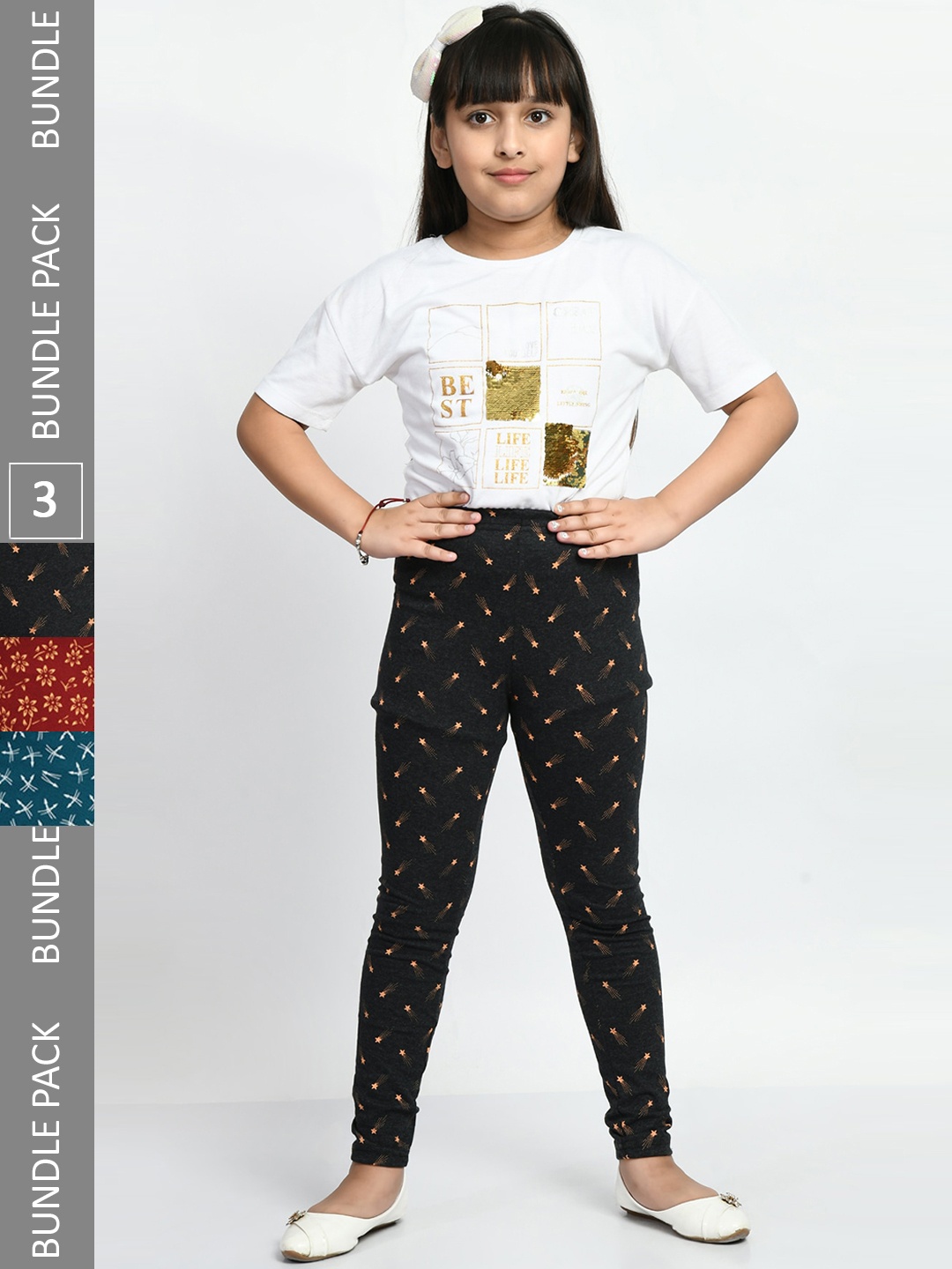 

BAESD Girls Pack of 3 Printed Super Soft Pure Cotton Churidar- Length Leggings, Teal