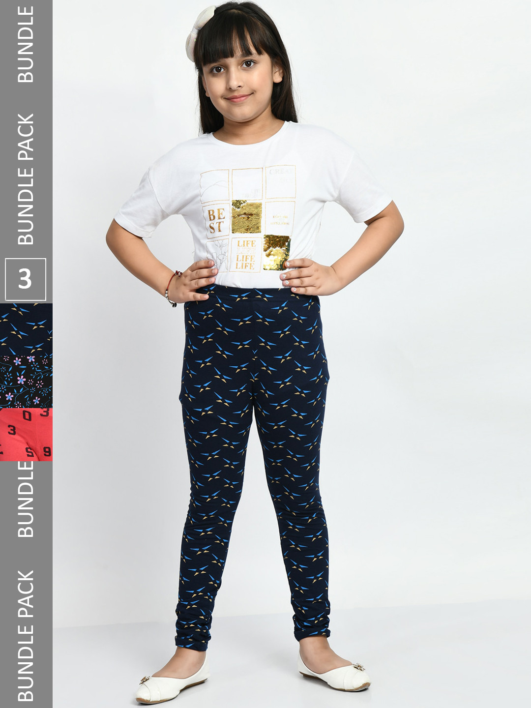 

BAESD Girls Pack Of 3 Printed Churidar Length Pure Cotton Leggings, Peach