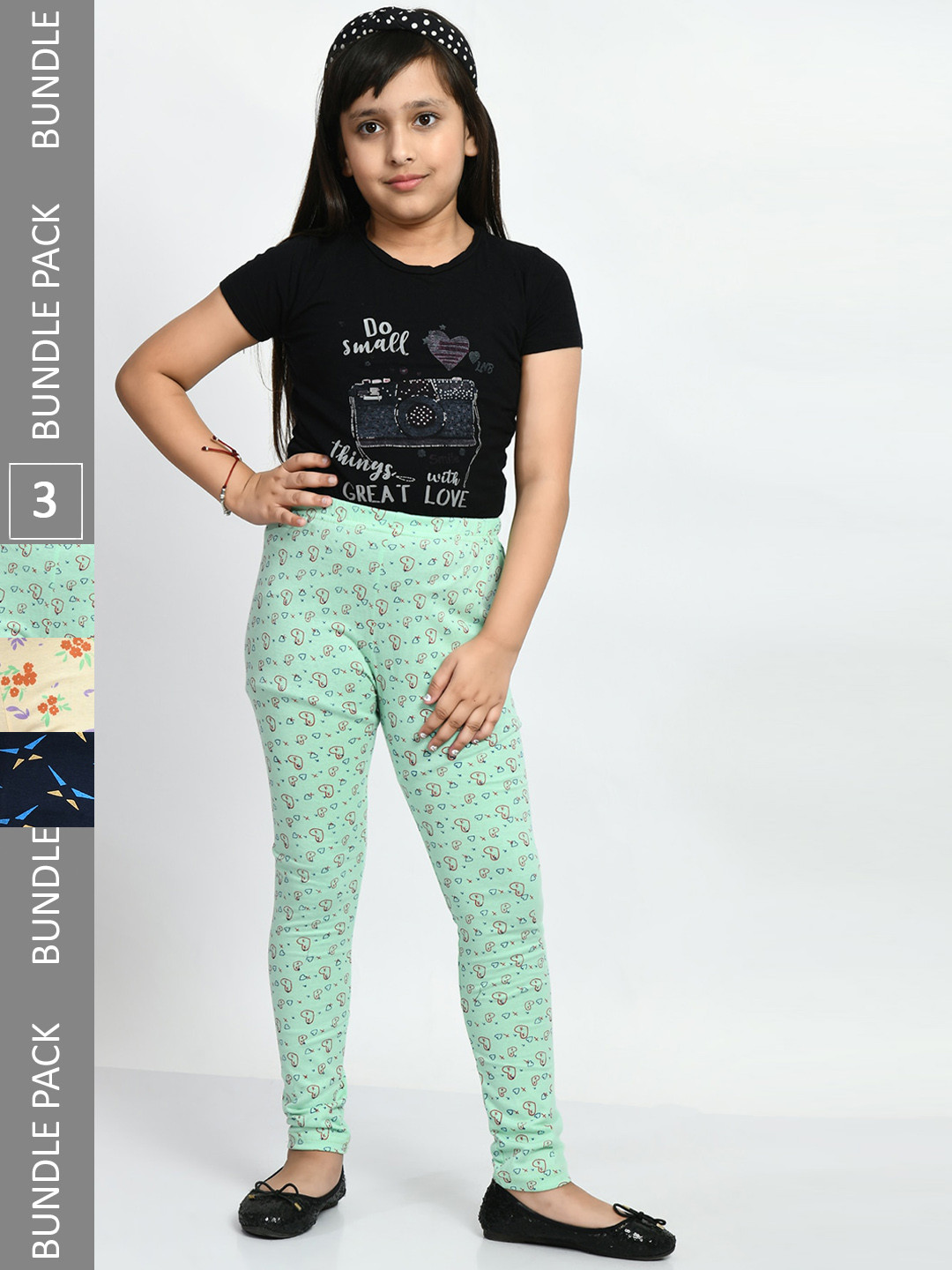 

BAESD Girls Pack Of 3 Conversational Printed Pure Cotton Churidar-Length Leggings, Green