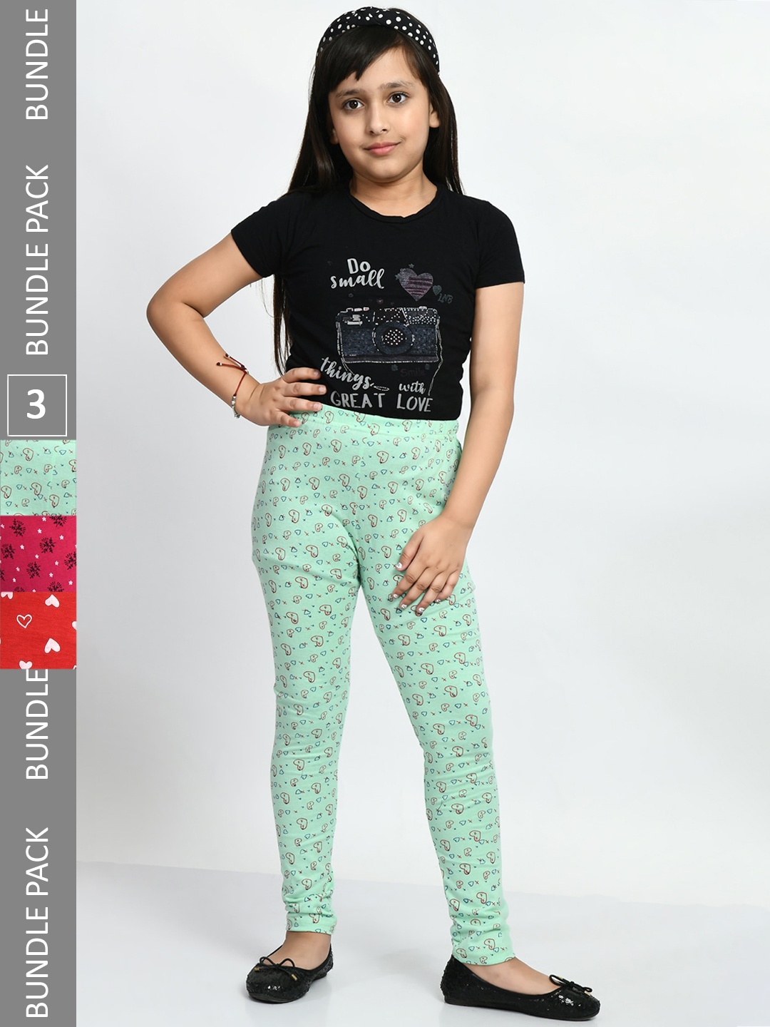 

BAESD Girls Pack Of 3 Printed Cotton Churidar-Length Leggings, Green