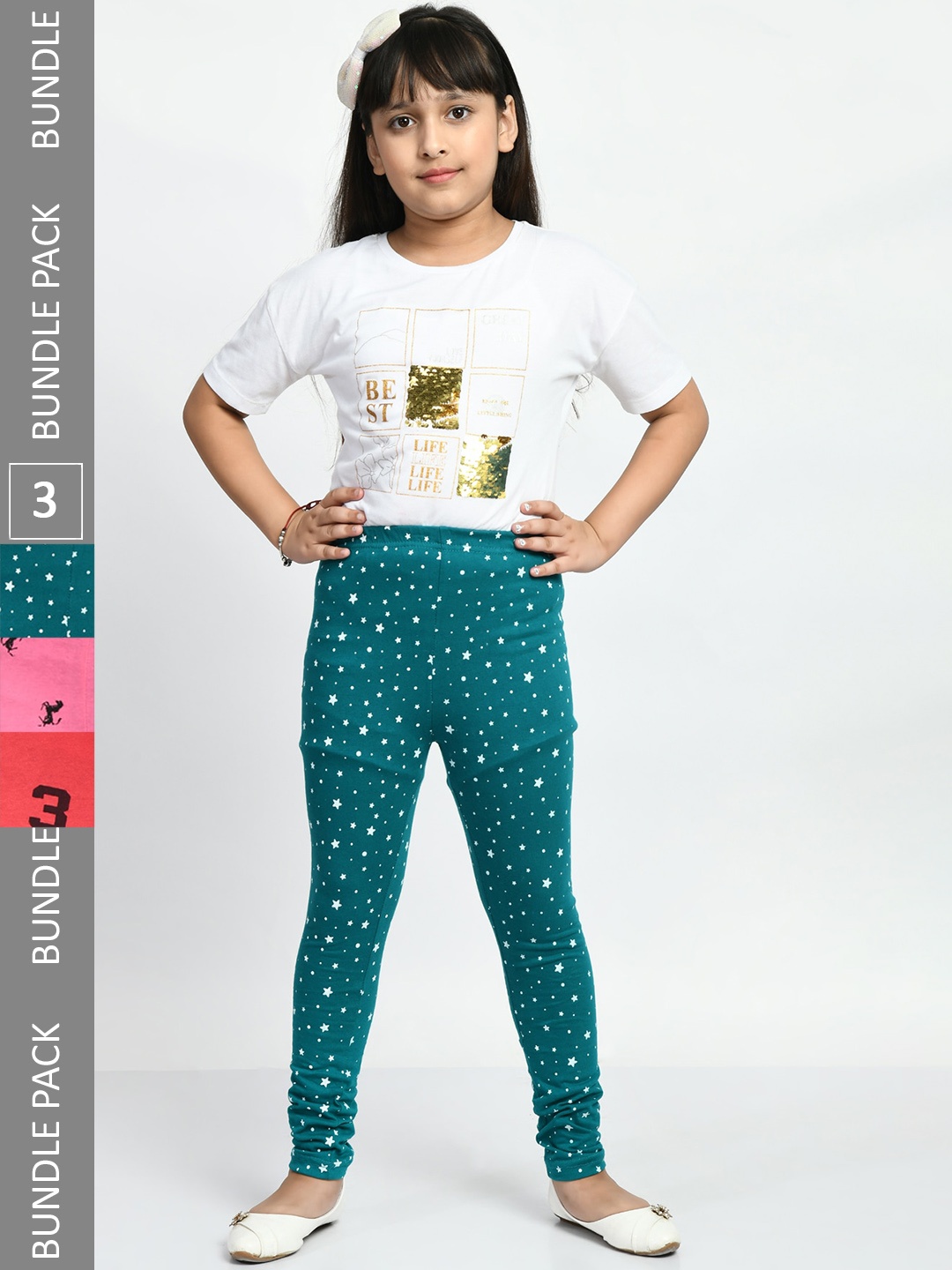 

BAESD Girls Pack Of 3 Printed Pure Cotton Churidar Length Leggings, Teal